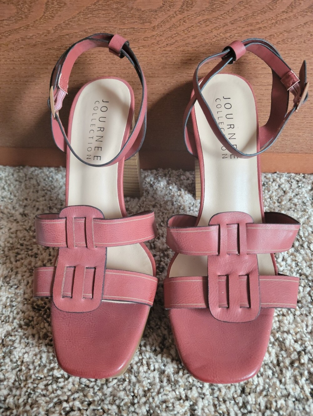 Journee Collection Brick Colored Leather Strappy Block Heel Sandals